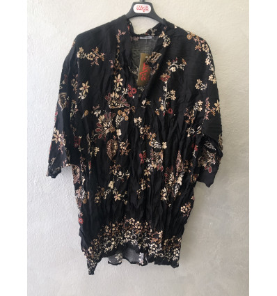 BLUSA NERO FIORATA IN RASO EFFETTO STROPICCIATO