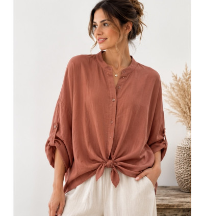 CAMICIA IN TENCEL COLLETTO ALLA COREANA TINTA UNITA