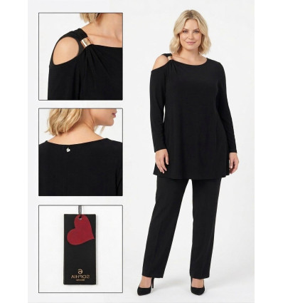 MAGLIA SOPHIA CURVY CON OBLO SU SPALLA ED ELEMENTO METALLICO, SVASATA