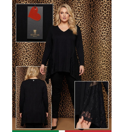 MAGLIA SOPHIA CURVY CON SPICCHI IN PIZZO A V SUL FONDO